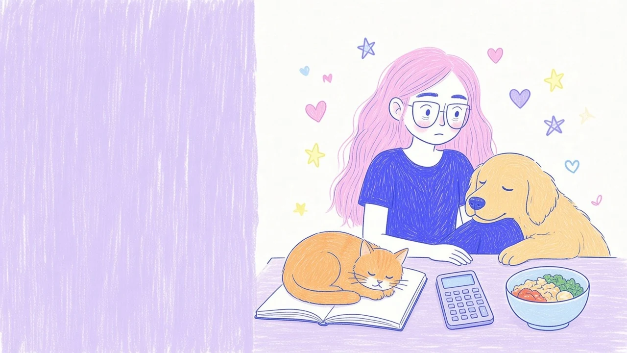 Ilustración de la mujer de pelo rosa y gafas redondas con una libreta de presupuesto, el golden retriever y el gato naranja a su lado
