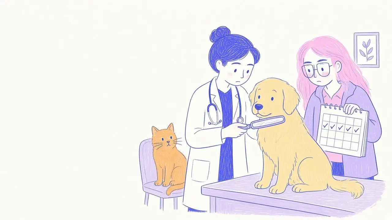 Ilustración de una mujer de pelo rosa y gafas redondas junto a un golden retriever en la camilla de una veterinaria, con un gato naranja mirando desde una silla
