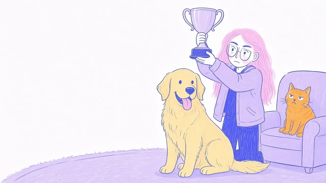 Ilustración de una mujer de pelo rosa y gafas redondas que enseña a sentarse a un golden retriever con un premio en la mano mientras un gato naranja mira