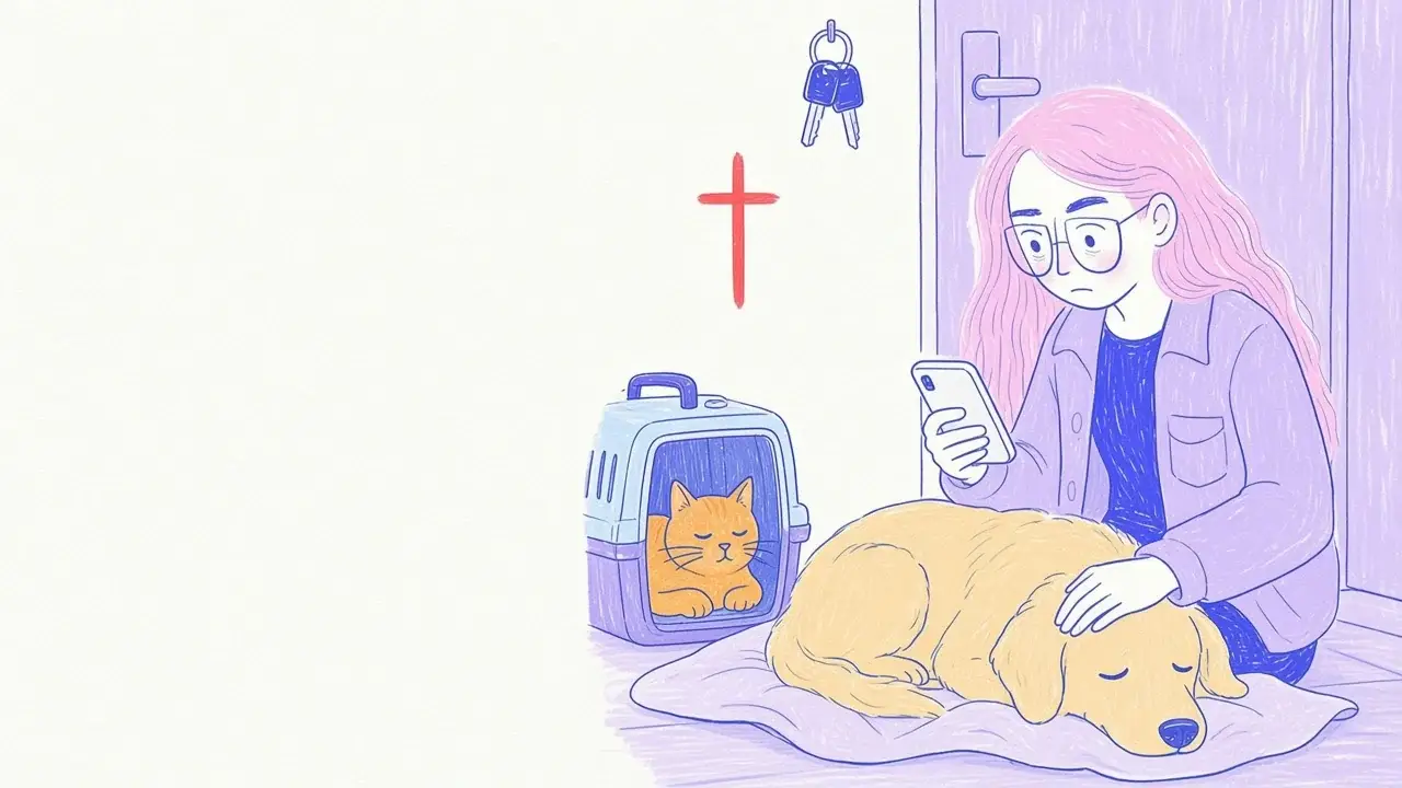 Ilustración de una mujer de pelo rosa y gafas redondas que llama por teléfono con calma mientras acomoda a un golden retriever sobre una manta junto a la puerta, con un gato naranja en su transportadora