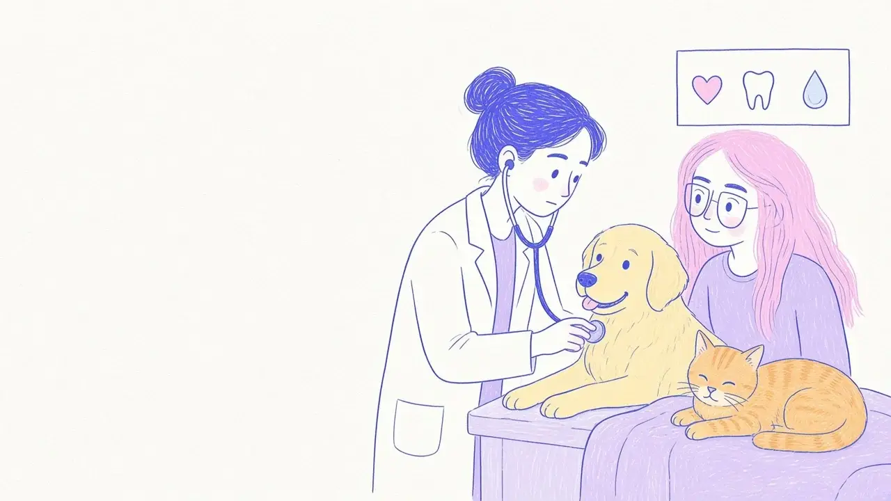 Ilustración de una veterinaria de bata clara conversando con una mujer de pelo rosa y gafas redondas mientras revisa a un golden retriever y un gato naranja sobre la camilla