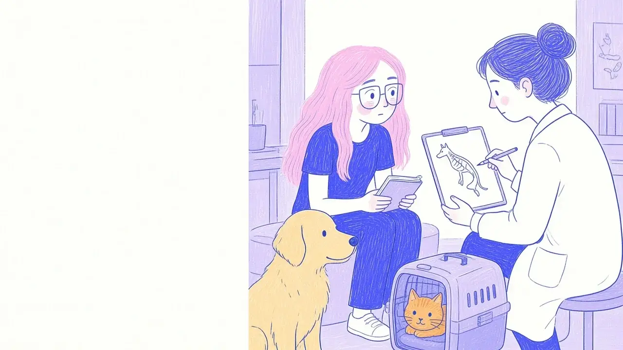Ilustración de una veterinaria de bata clara explicando algo con calma a una mujer de pelo rosa y gafas redondas, con un golden retriever y un gato naranja tranquilos a su lado