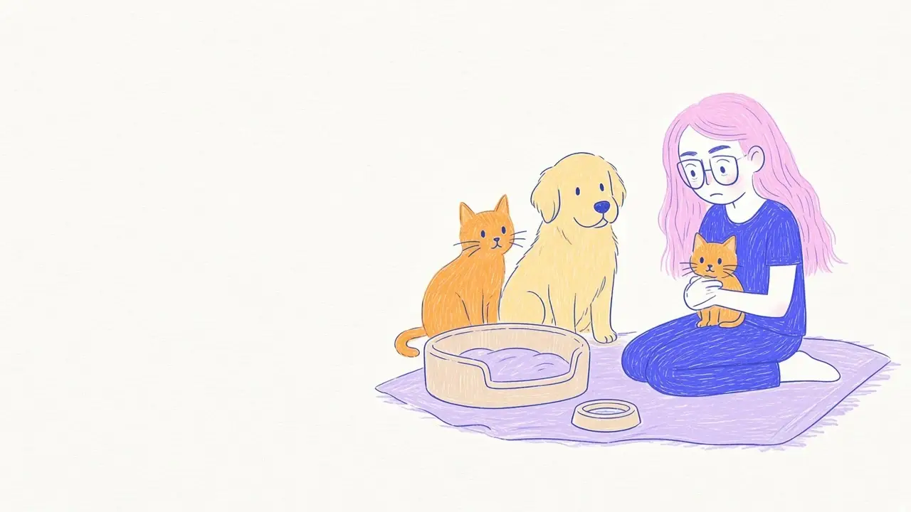 Ilustración de una mujer de pelo rosa y gafas redondas que sostiene con cuidado a un gatito naranja diminuto sobre una manta suave mientras el gato adulto observa
