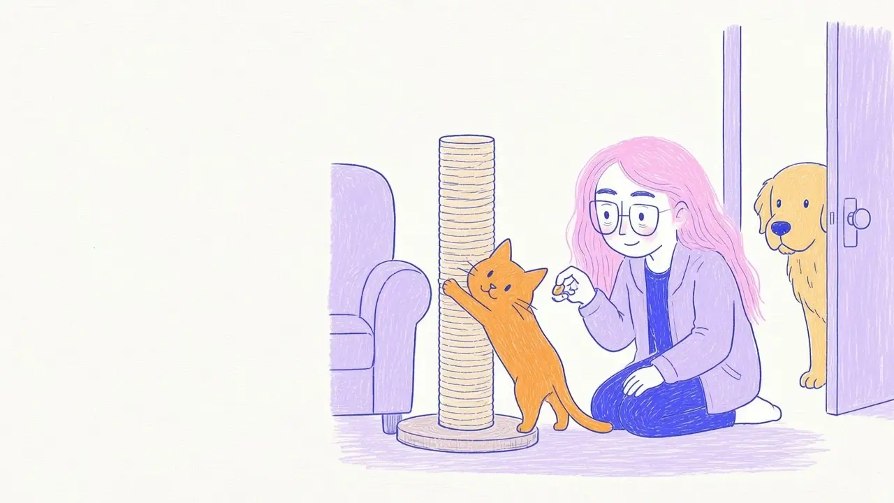 Ilustración de un gato naranja que araña con gusto un rascador alto junto a un sillón lavanda mientras la mujer de pelo rosa sonríe con un premio en la mano