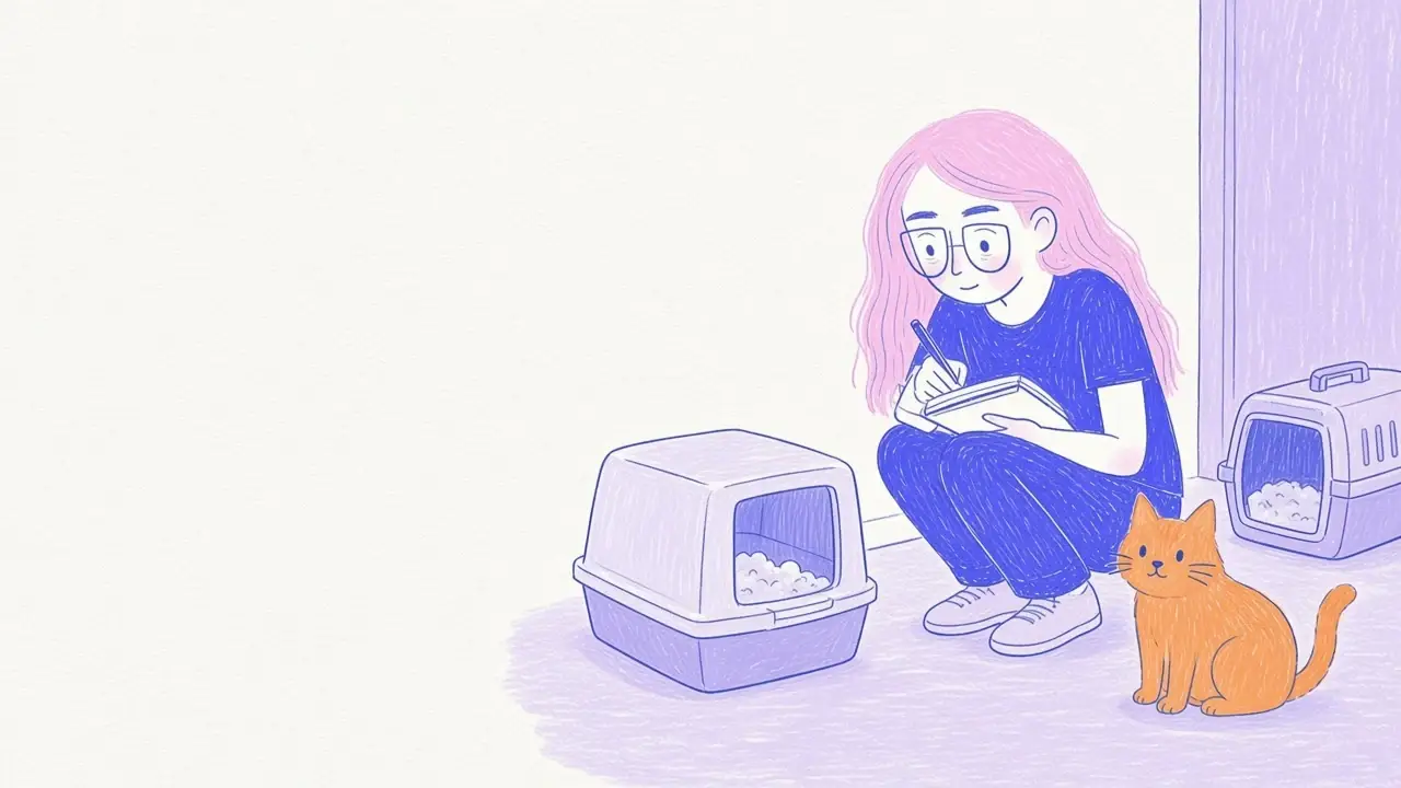 Ilustración de un gato naranja junto a un arenero limpio y espacioso mientras la mujer de pelo rosa y gafas redondas lo observa con preocupación tranquila