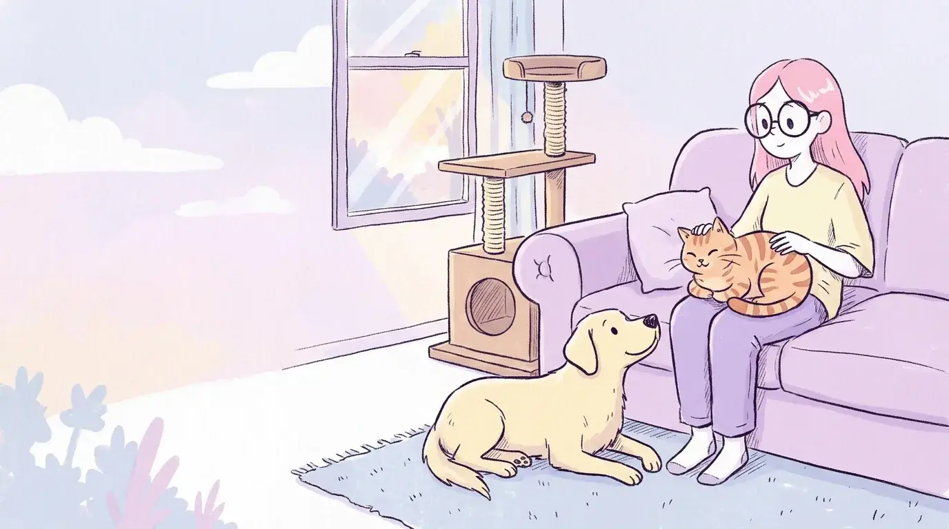 Ilustración de Mila, niña de pelo rosa y gafas, en el sofá con un gato atigrado naranja en el regazo mientras Térra, labradora crema, descansa en la alfombra