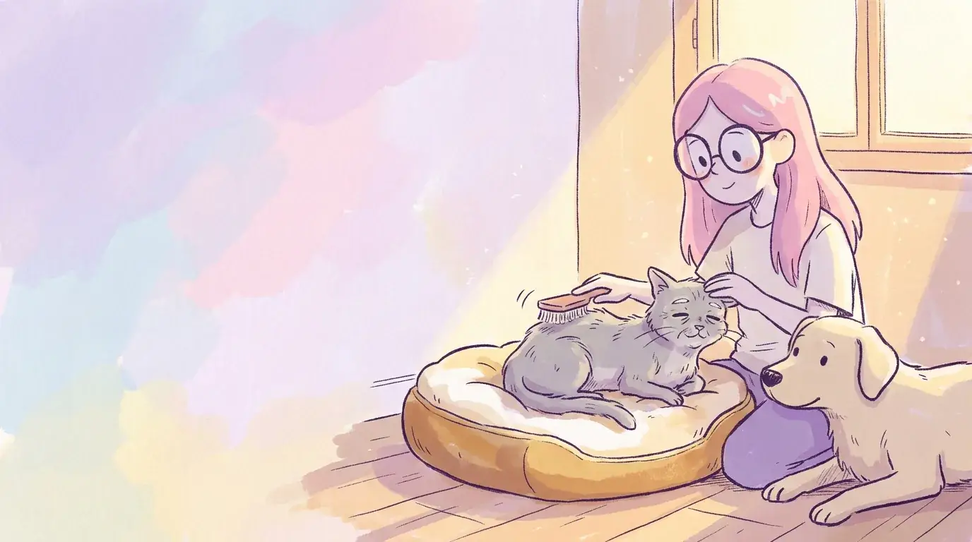 Ilustración de Mila, niña de pelo rosa y gafas, cepillando con suavidad a un gato gris anciano sobre un cojín mientras Térra, labradora crema, descansa a su lado