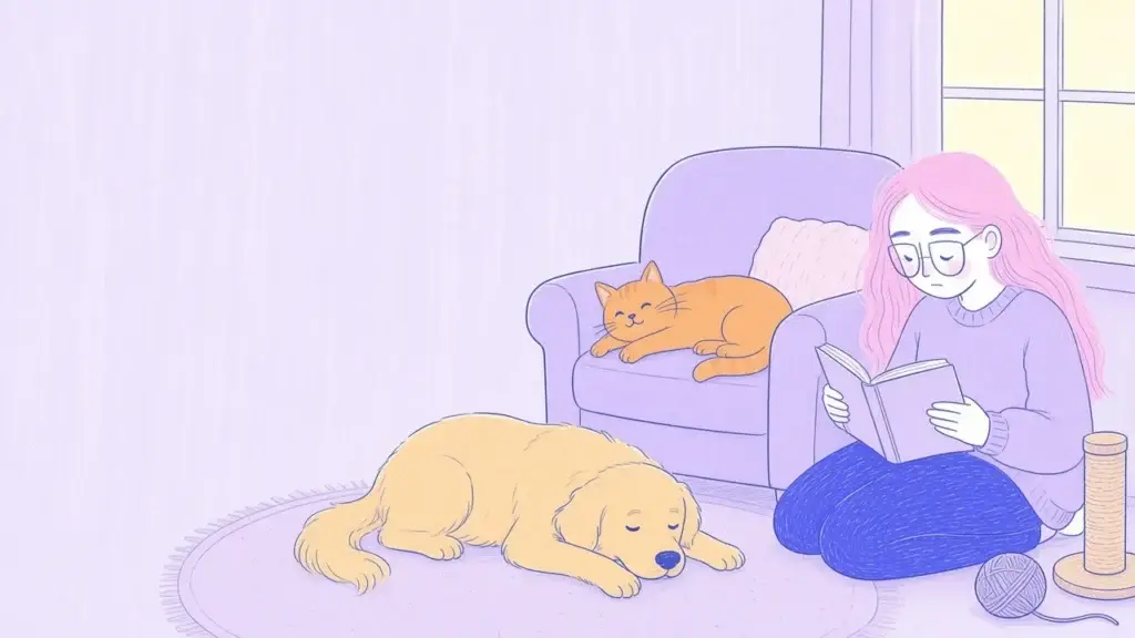 Ilustración de un gato naranja estirado en un sillón junto a la ventana mientras una mujer de pelo rosa lee a su lado