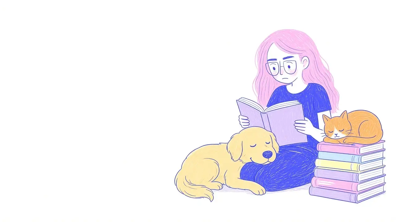 Ilustración de una mujer de pelo rosa y gafas redondas con una pila de libros, un golden retriever y un gato naranja