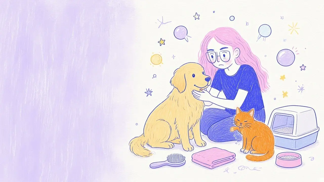 Ilustración de la mujer de pelo rosa y gafas redondas cepillando al golden retriever mientras el gato naranja se acicala junto a un arenero limpio