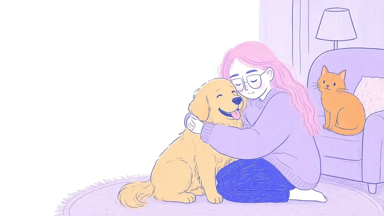 Ilustración de una mujer joven de pelo rosa y gafas redondas abrazando a un golden retriever, junto a un gato naranja en un sillón lavanda