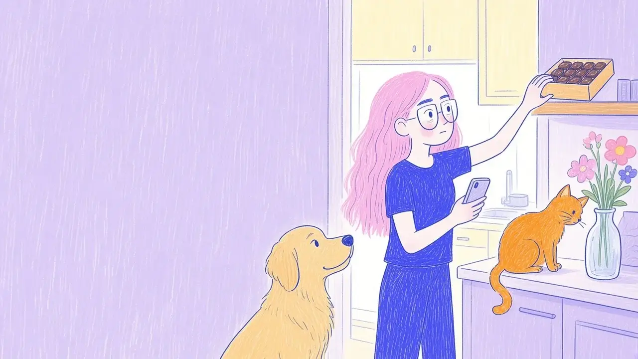 Ilustración de una mujer de pelo rosa y gafas redondas que aparta de la mesa una caja de bombones mientras un golden retriever la mira con curiosidad y un gato naranja está junto a un florero