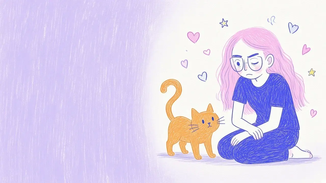 Ilustración del gato naranja con la cola en alto y las orejas adelante frente a la mujer de pelo rosa que le parpadea despacio