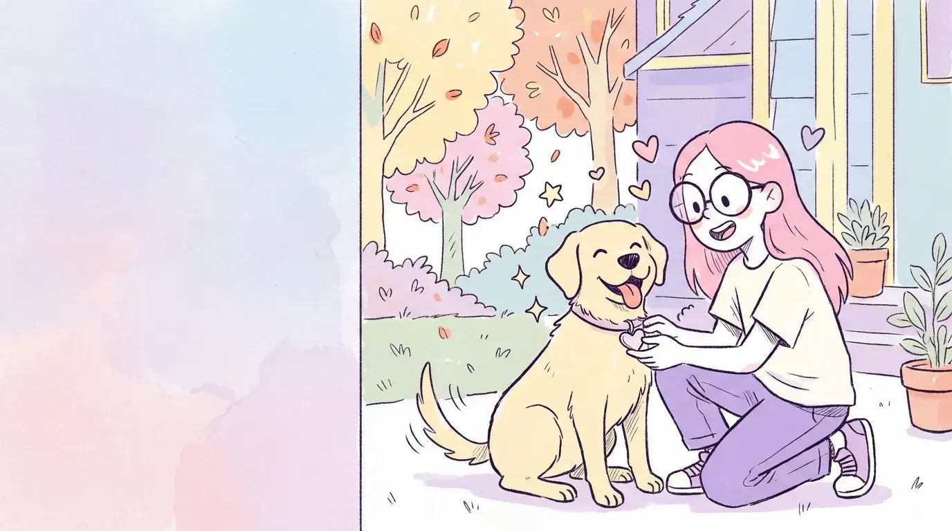Ilustración de Mila, niña de pelo rosa y gafas redondas, poniendo una placa de corazón en el collar de Térra, labradora crema