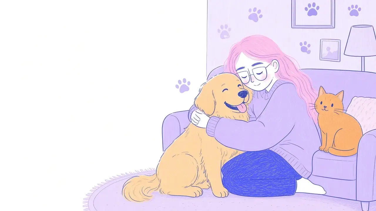 Ilustración de una mujer de pelo rosa, un golden retriever y un gato naranja posando juntos en un sofá como un retrato familiar