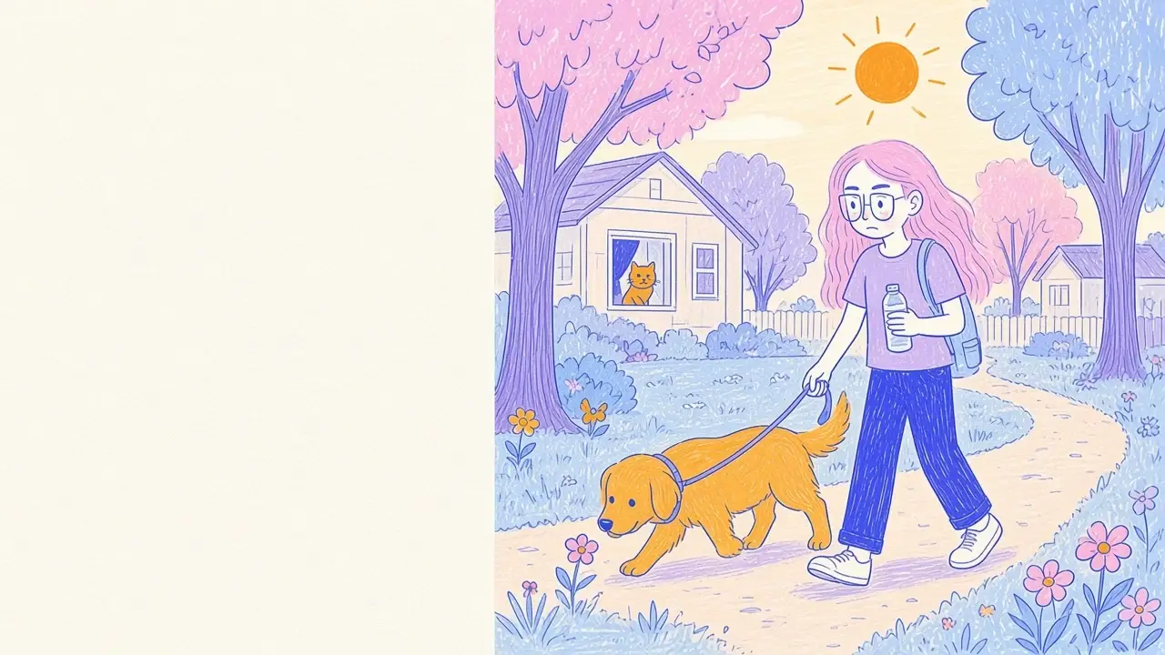 Ilustración de la mujer de pelo rosa y gafas redondas paseando al golden retriever por un parque sombreado al amanecer
