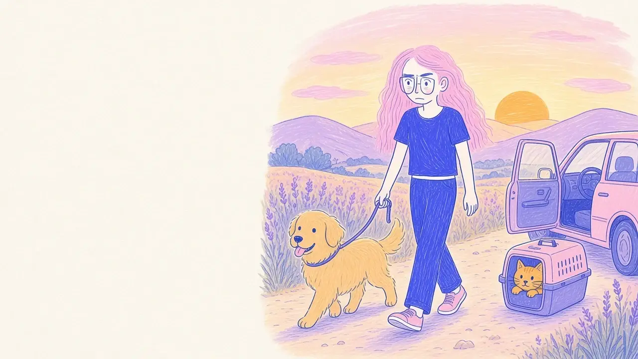 Ilustración de la mujer de pelo rosa y gafas redondas con el golden retriever junto a un auto con una transportadora para el gato naranja