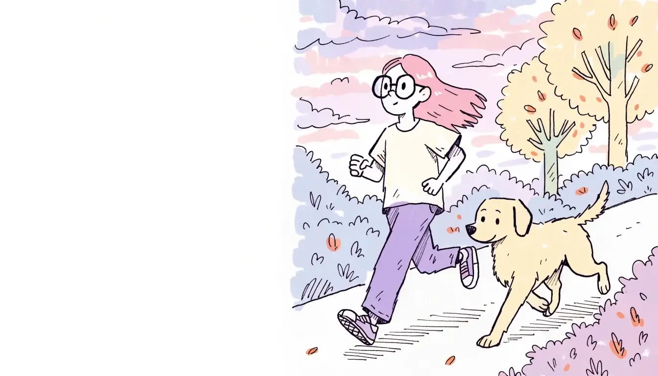 Ilustración de la niña de pelo rosa y gafas trotando junto a Térra, labradora adulta crema, en un camino de parque