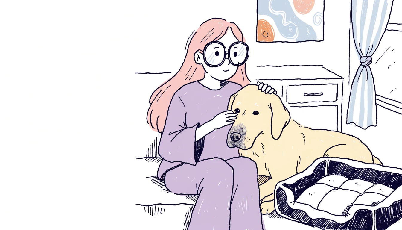 Ilustración de la niña de pelo rosa acariciando a Térra, labradora senior crema con hocico canoso, en un sofá suave