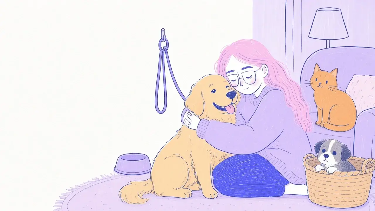 Ilustración de una mujer de pelo rosa acariciando a un golden retriever sonriente, con un cachorro mestizo asomando de una cesta