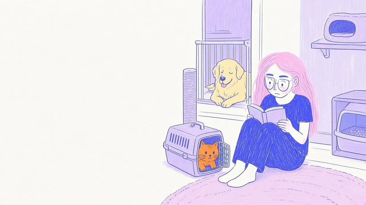 Ilustración de una mujer de pelo rosa y gafas redondas que mira a un gato naranja asomando de una transportadora en una habitación acogedora con rascador y cama