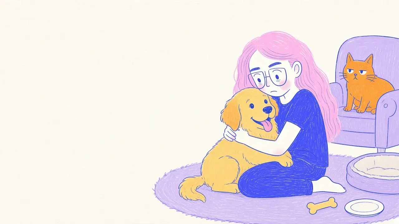 Ilustración de una mujer de pelo rosa y gafas redondas que abraza a un golden retriever cachorro en una sala acogedora con una cama nueva y juguetes mientras un gato naranja observa desde un sillón