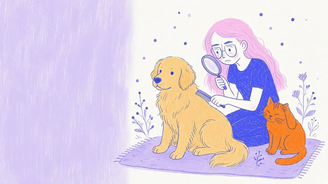 Ilustración de una mujer de pelo rosa y gafas redondas revisando con una lupa el pelaje de un golden retriever mientras un gato naranja se rasca en una alfombra lavanda