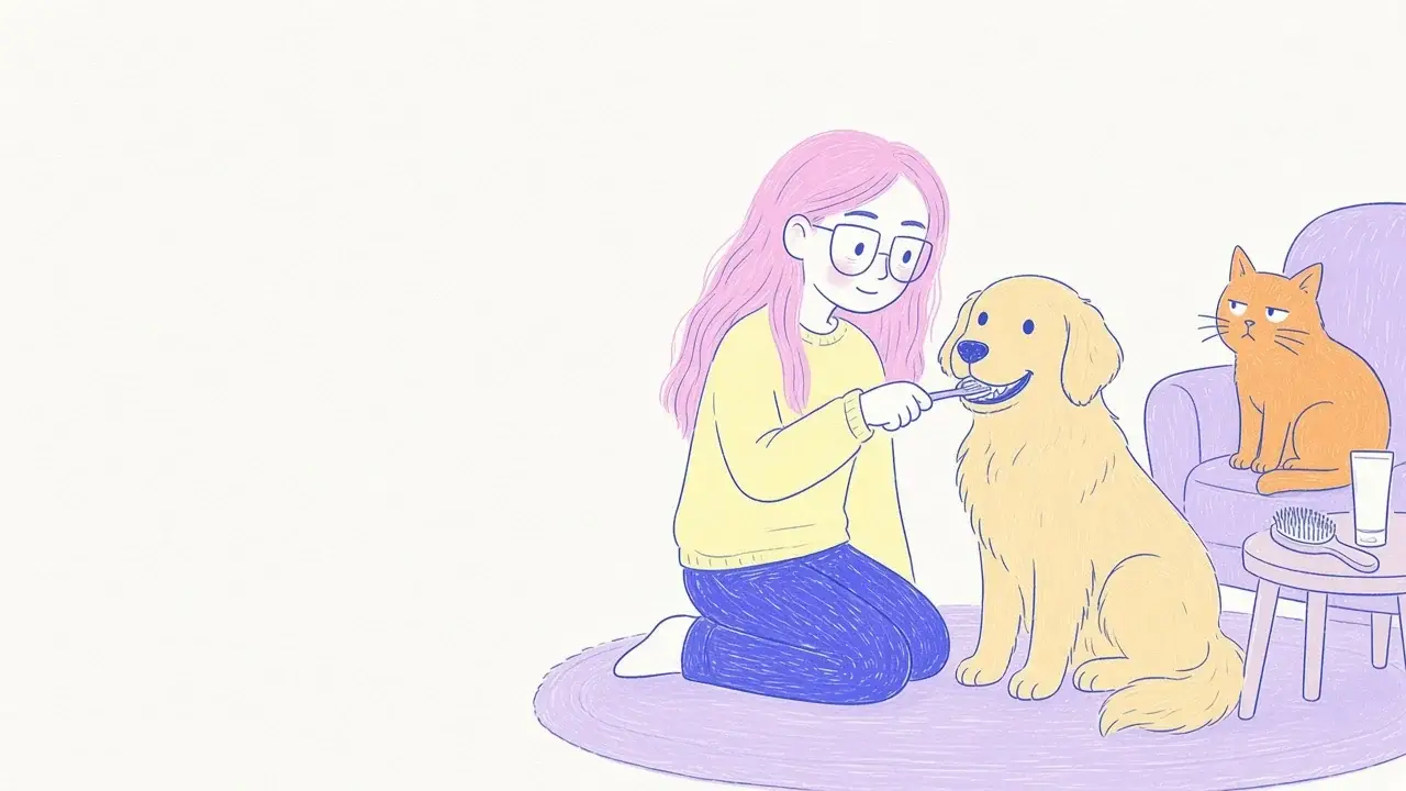 Ilustración de una mujer de pelo rosa y gafas redondas que cepilla con suavidad los dientes de un golden retriever sonriente mientras un gato naranja observa