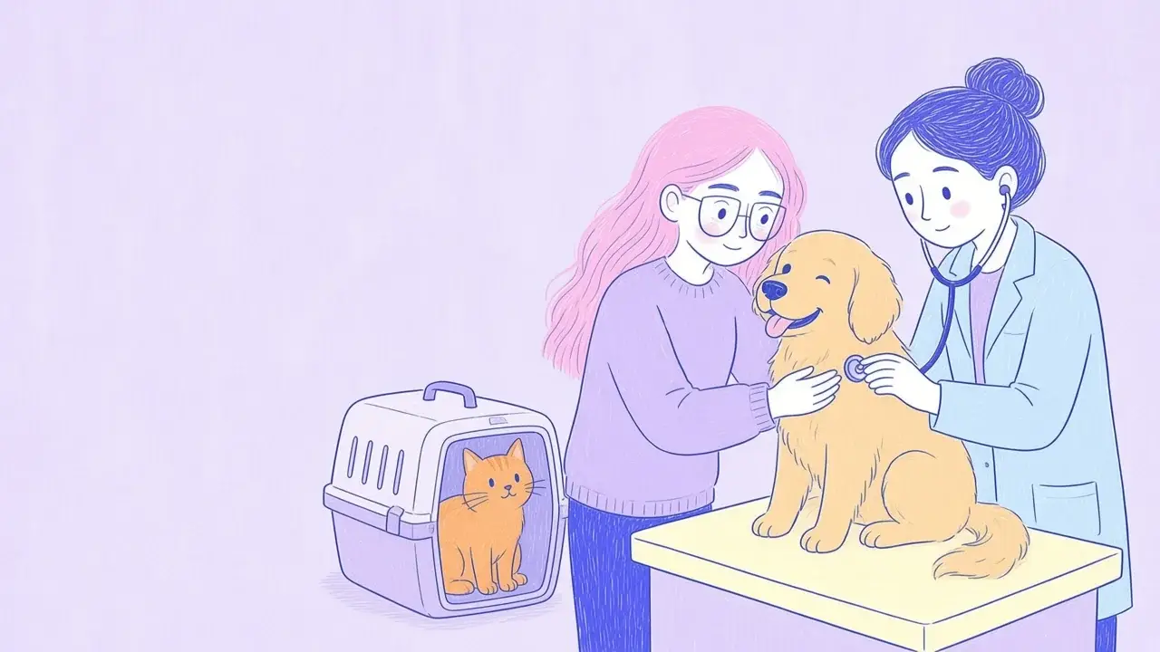 Ilustración de una consulta veterinaria tranquila: una veterinaria revisa a un golden retriever mientras su dueña lo sostiene y el gato espera en su transportadora