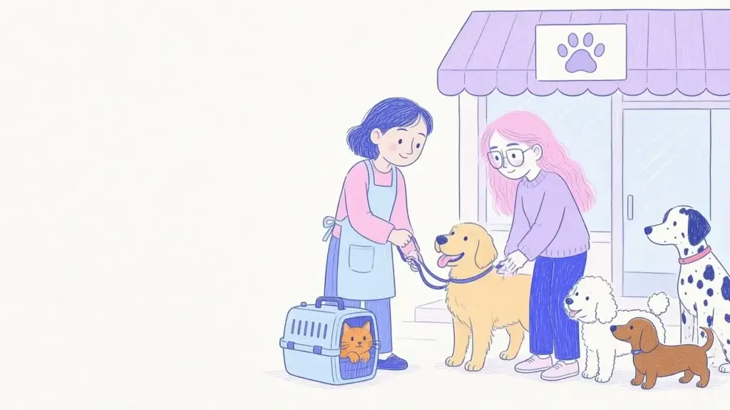 Ilustración de una guardería de mascotas de barrio donde una mujer entrega a su golden retriever a una cuidadora sonriente