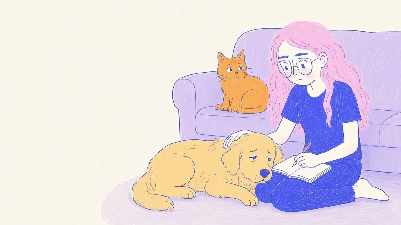Ilustración de una mujer de pelo rosa y gafas redondas observando con atención a un golden retriever recostado mientras un gato naranja los mira desde el sofá