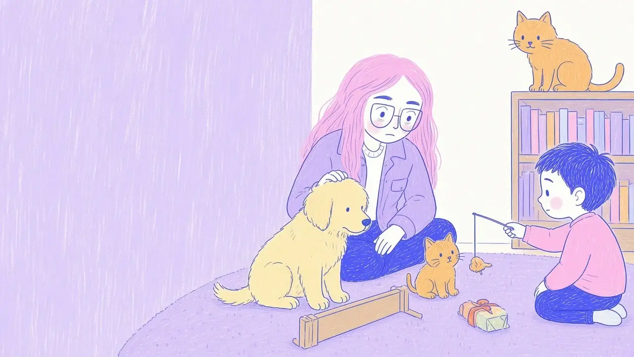 Ilustración de una mujer de pelo rosa y gafas redondas que presenta a un cachorro golden retriever y a un gatito naranja con calma en una sala tranquila