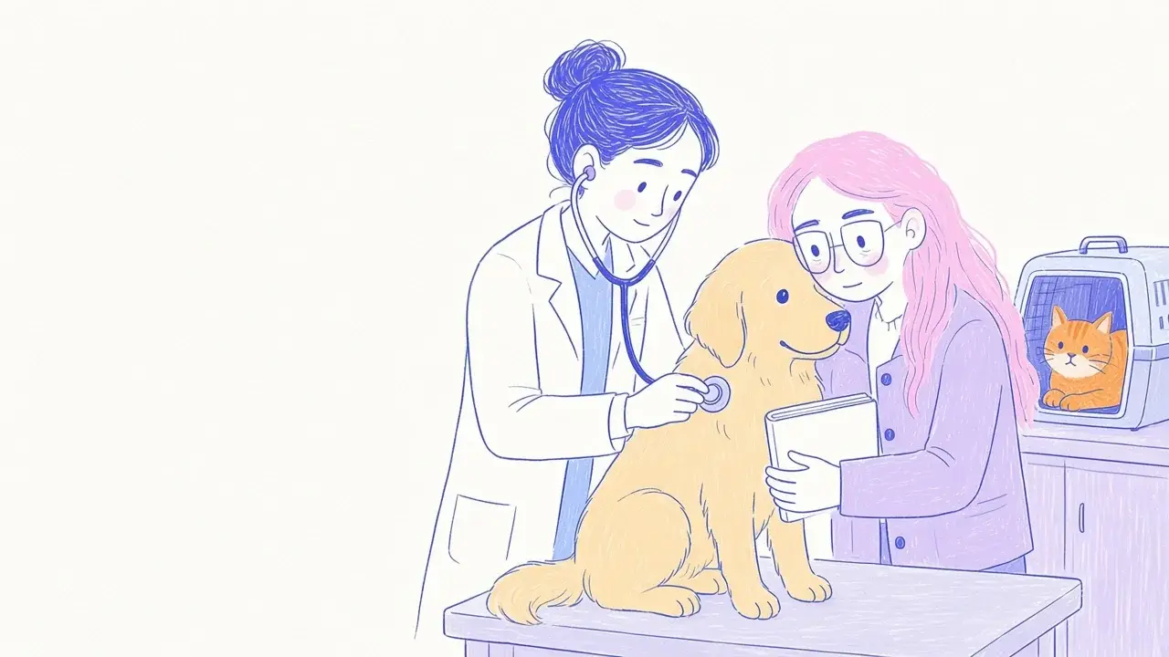 Ilustración de una veterinaria sonriente revisando a un golden retriever mientras una mujer de pelo rosa y gafas redondas sostiene la cartilla y un gato naranja espera en su transportadora