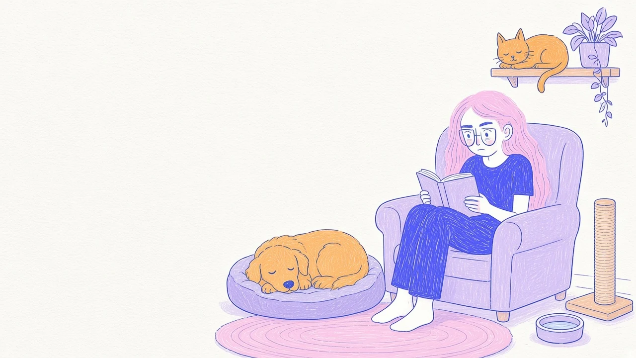 Ilustración de una sala acogedora con la mujer de pelo rosa y gafas redondas, el golden retriever y el gato naranja conviviendo en calma