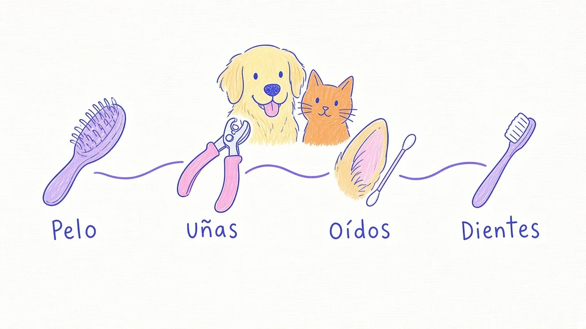 Infografía ilustrada con cuatro cuidados: pelo, uñas, oídos y dientes