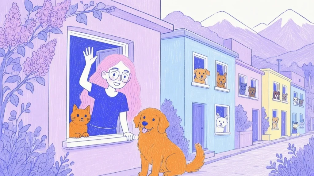 Ilustración de una calle con casas pastel y ventanas donde asoman perros y gatos, con una mujer de pelo rosa saludando desde una puerta