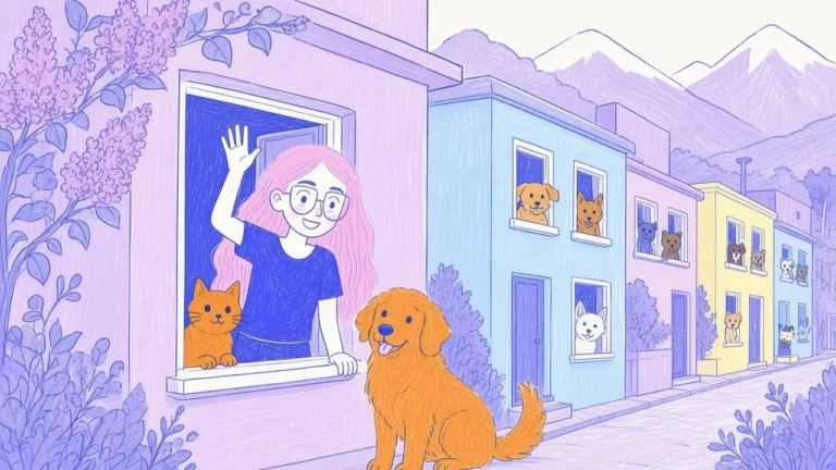 Ilustración de una calle con casas pastel y ventanas donde asoman perros y gatos, con una mujer de pelo rosa saludando desde una puerta