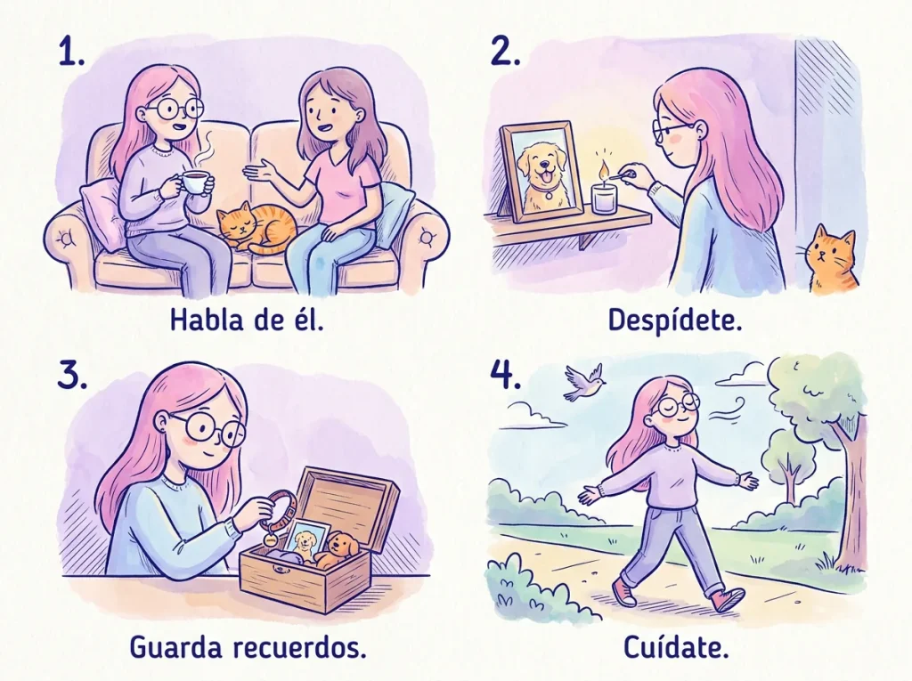 Infografía con cuatro ideas para el duelo por un perro: hablar de él con alguien de confianza, hacer una despedida, guardar recuerdos y cuidarse