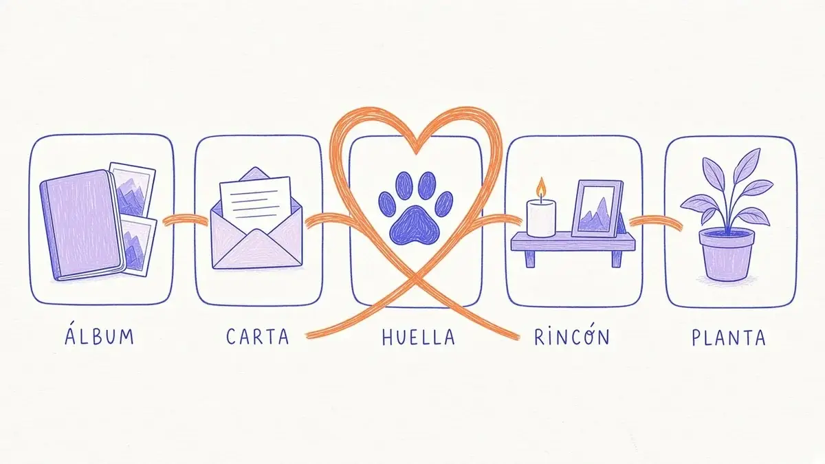 Ideas para recordar a tu mascota Infografía ilustrada con cinco ideas para recordar a una mascota: álbum, carta, huella, rincón y plantar algo