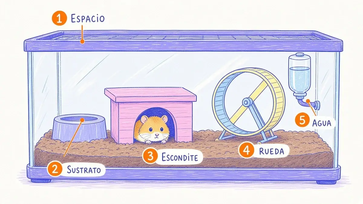 Elementos de una jaula ideal para un hámster Infografía ilustrada con cinco elementos de una jaula ideal para un hámster: espacio, sustrato, escondite, rueda y agua