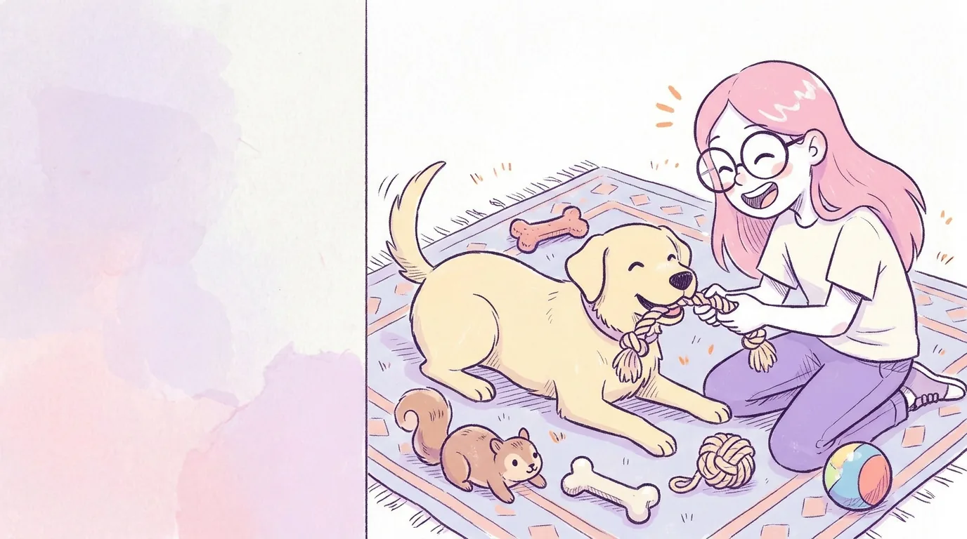 Ilustración: térra rodeada de juguetes seguros (pelota, cuerda, mordedera, peluche) jugando con Mila en la alfombra