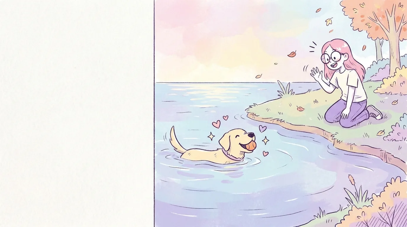 Ilustración: térra, labradora color crema, nada feliz en un lago calmado con una pelota mientras Mila la anima desde la orilla