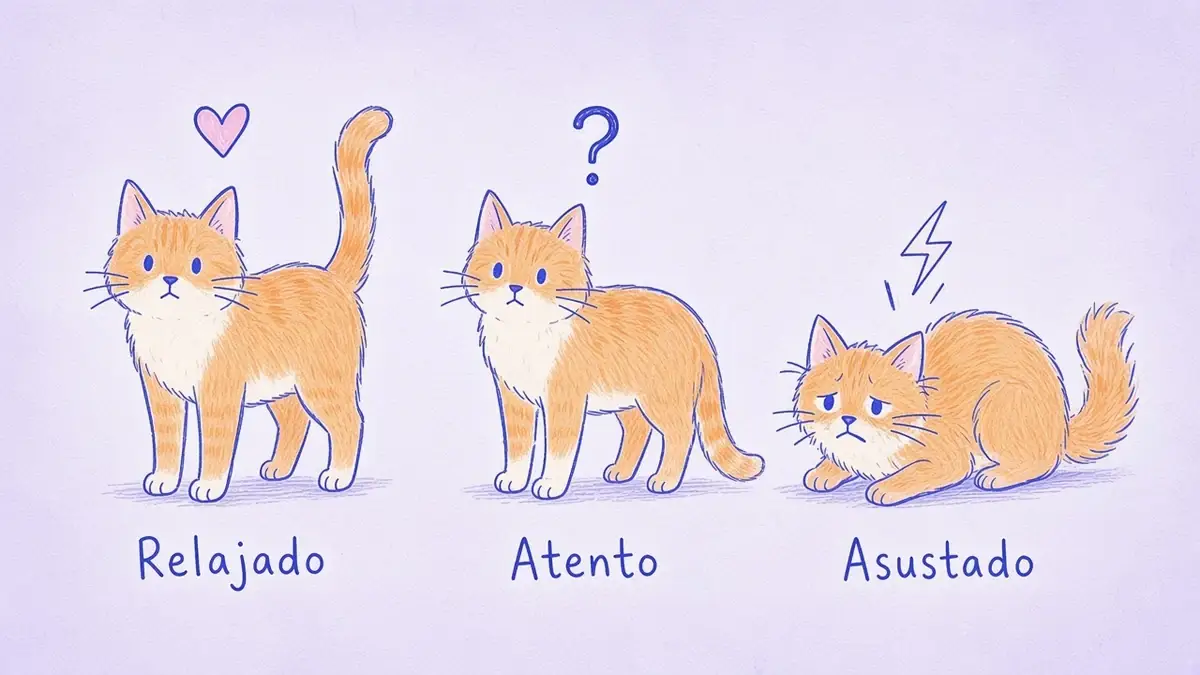 Infografía ilustrada con tres gatos naranjas que muestran estados de ánimo: relajado, atento y asustado