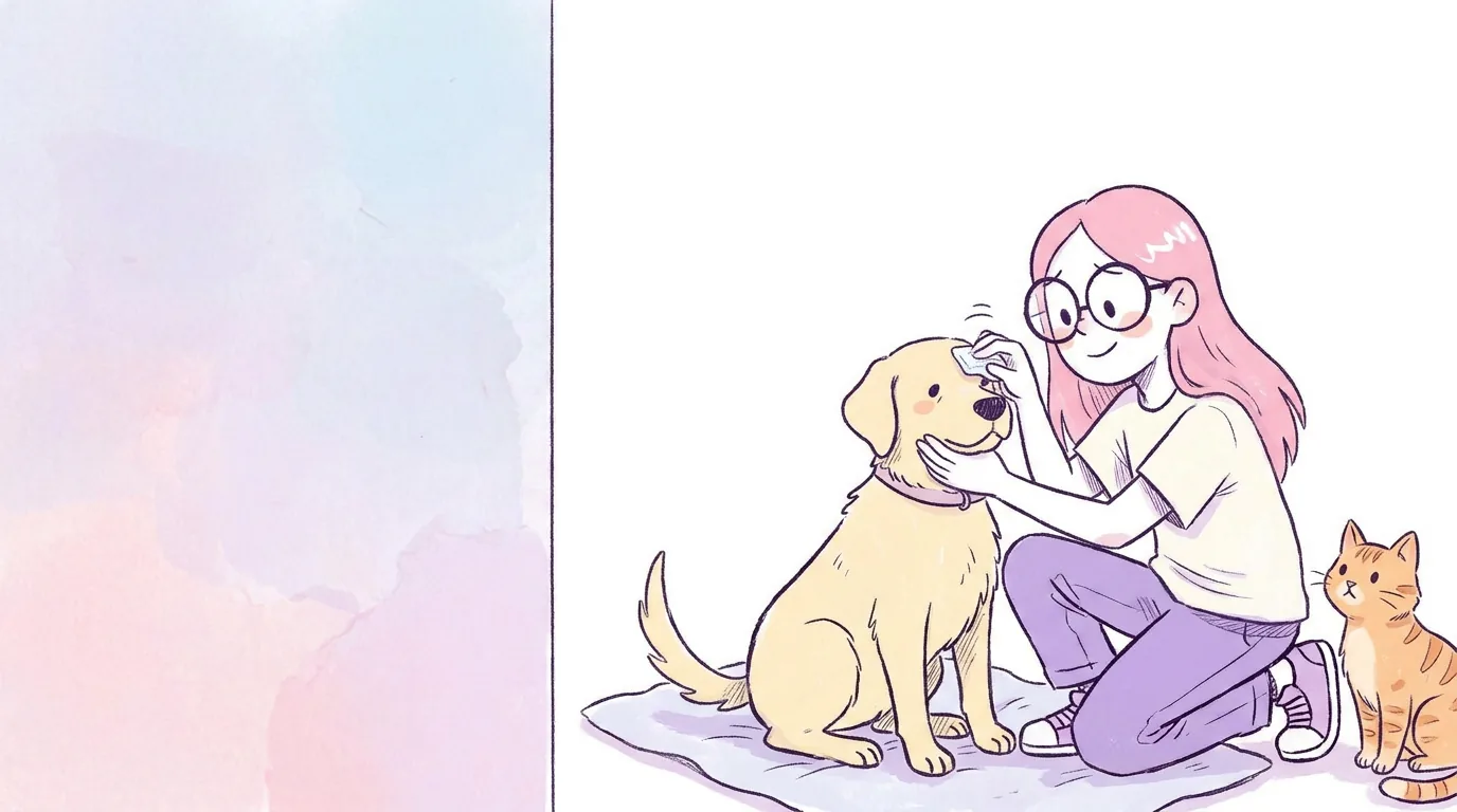 Ilustración: mila limpia con suavidad los ojos de Térra con una gasa mientras la perra está sentada tranquila sobre una toalla