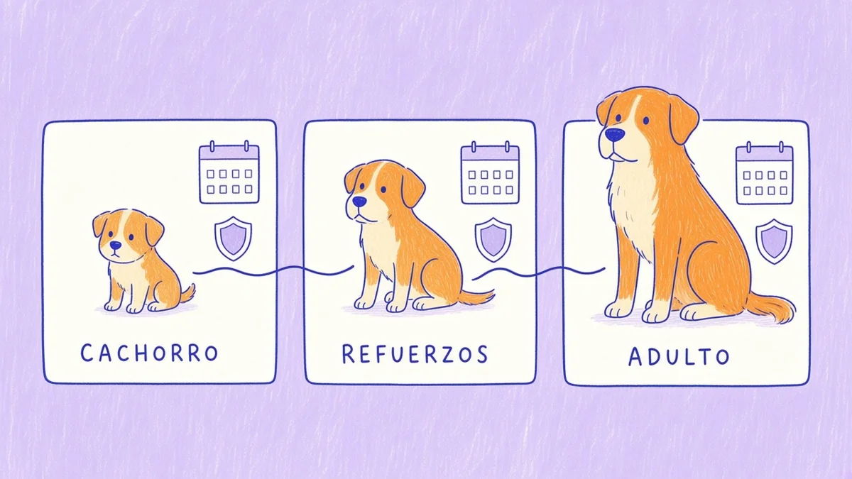 Infografía ilustrada con una línea de tiempo en tres etapas: cachorro pequeño, joven con refuerzos y perro adulto