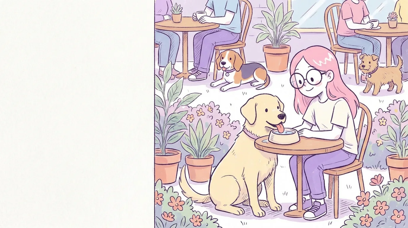 Ilustración: mila y Térra en la terraza de un café pet friendly con un tazón de agua para perros y plantas, otros perros descansando