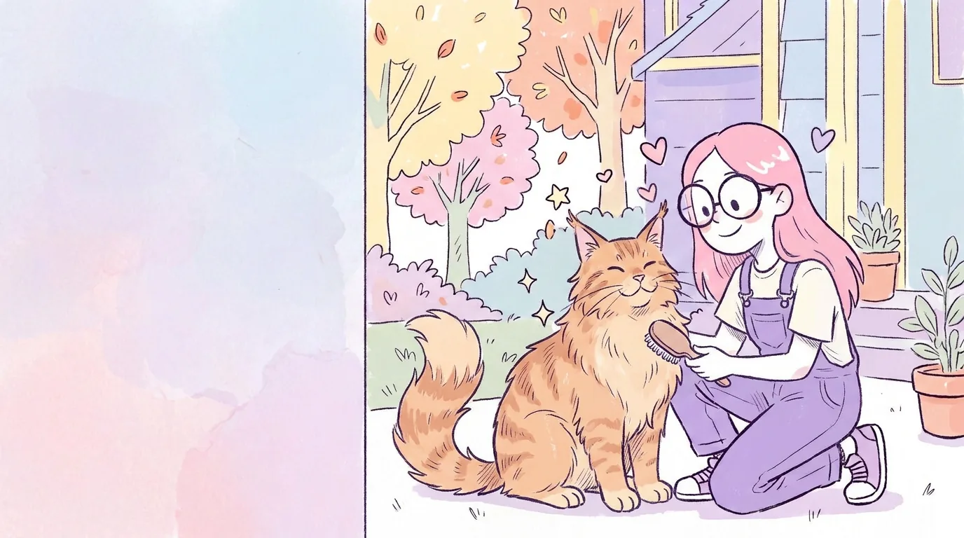 Ilustración: un enorme gato maine coon atigrado de pelo largo y orejas con penachos sentado majestuoso junto a Mila, que lo cepilla con cariño