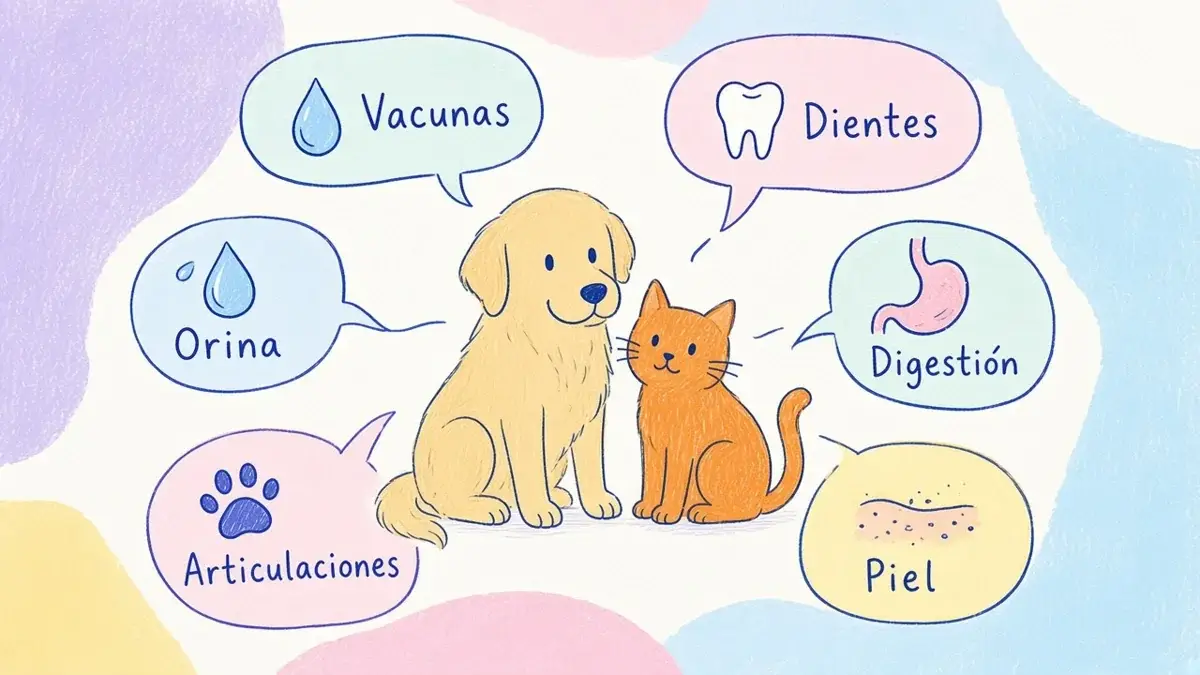 Infografía ilustrada con un golden retriever y un gato naranja rodeados de seis iconos de áreas de salud