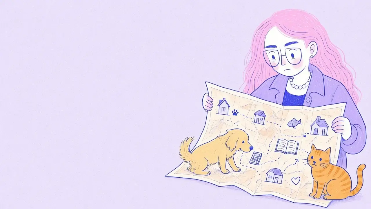 Ilustración de una mujer de pelo rosa con gafas desplegando un gran mapa con caminos y casitas temáticas junto a un golden retriever y un gato naranja