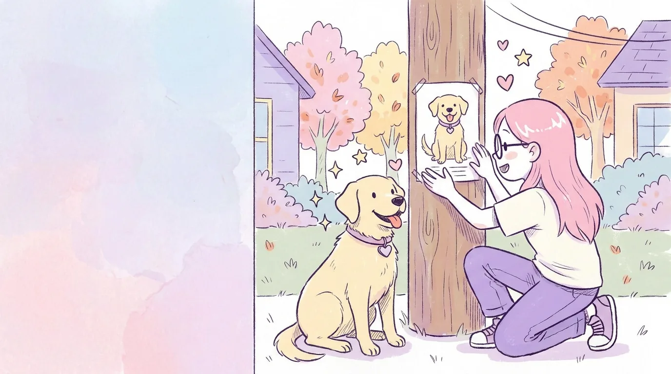 Ilustración: mila pega un afiche con la foto de un perro (sin texto) en un poste del barrio mientras Térra, con collar y placa, la acompaña